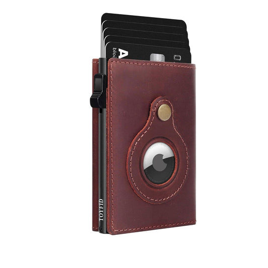 Cartera de cuero TOYFID para hombre, tarjetero emergente con bloqueo RFID y botón eyector deslizante, ventana de identificación, ranura para Airtag, espejo, organizador de gran capacidad para tarjetas de crédito/débito/efectivo