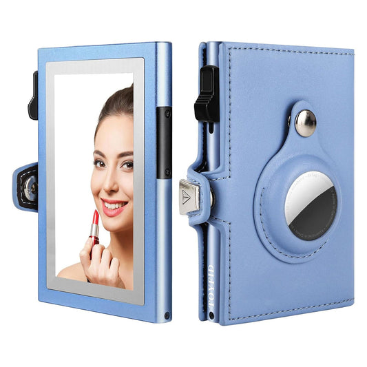 Cartera de mujer para Airtag, cartera pequeña y bonita con espejo para mujer, cartera desplegable compatible con Airtag, cartera tríptica de cuero genuino para mujer con espejo