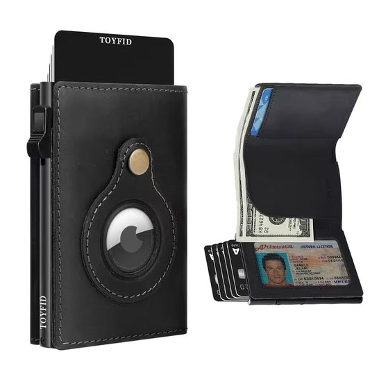 Cartera de cuero TOYFID para hombre, tarjetero emergente con bloqueo RFID y botón eyector deslizante, ventana de identificación, ranura para Airtag, espejo, organizador de gran capacidad para tarjetas de crédito/débito/efectivo