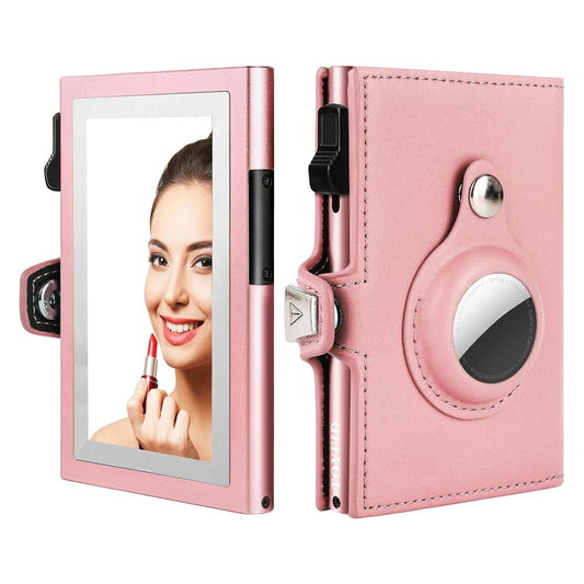 Cartera de mujer para Airtag, cartera pequeña y bonita con espejo para mujer, cartera desplegable compatible con Airtag, cartera tríptica de cuero genuino para mujer con espejo