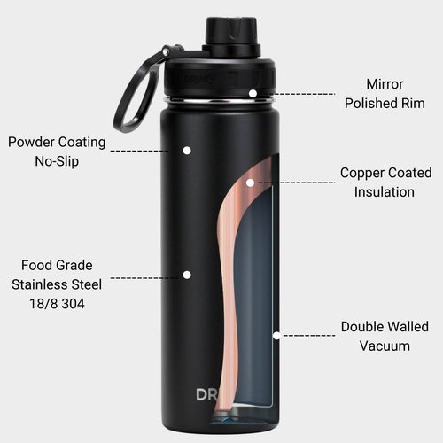 Botella de agua deportiva de acero inoxidable DRINCO® de 22 oz - Negra