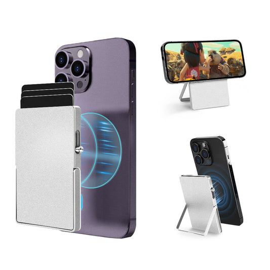 Billetera minimalista delgada con bloqueo RFID, tarjetero para MagSafe con soporte ajustable, billetera magnética de metal con mecanismo desplegable para hombre TOYFID